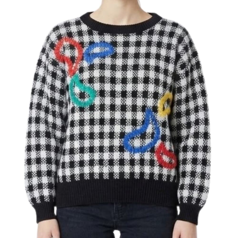 Vintage Black White Check Wide Stitch Rainbow Detail Crew Neck Sweater size S
